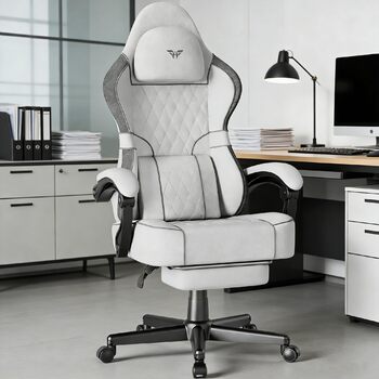 Ігрове крісло Soontrans з масажною поперековою опорою, м&39яке ігрове крісло, ергономічне ігрове крісло з підставкою для ніг, бавовна, регульована спинка 90-160, ігрове крісло (біле), суміш бавовни та льону, білий