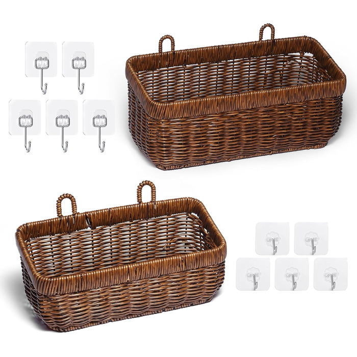 Підвісні кошики для кухні, настінні кошики для зберігання, декоративні кошики для квітів у ретро-стилі, кошики для фруктів, організація зберігання овочів, контейнери для зберігання без кришок (коричневі - великі) коричневі 2 шт. (великі), 2