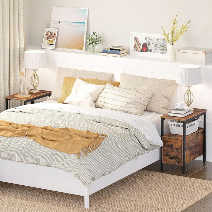 Приставний столик HOOBRO, вузька тумбочка, індустріальний столик-диван, тумбочка з 2 шухлядами, тумбочка біля ліжка/журнальний столик для невеликих приміщень, акцентні меблі під дерево, темно-коричневий EBF548BZ01G2