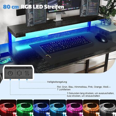 Кутовий ігровий стіл Devoko зі світлодіодним освітленням, місцем для зберігання та 3 шухлядами, 170x95x75 см, стіл з регульованою по висоті полицею, 2 розетками та 2 USB-портами, чорний