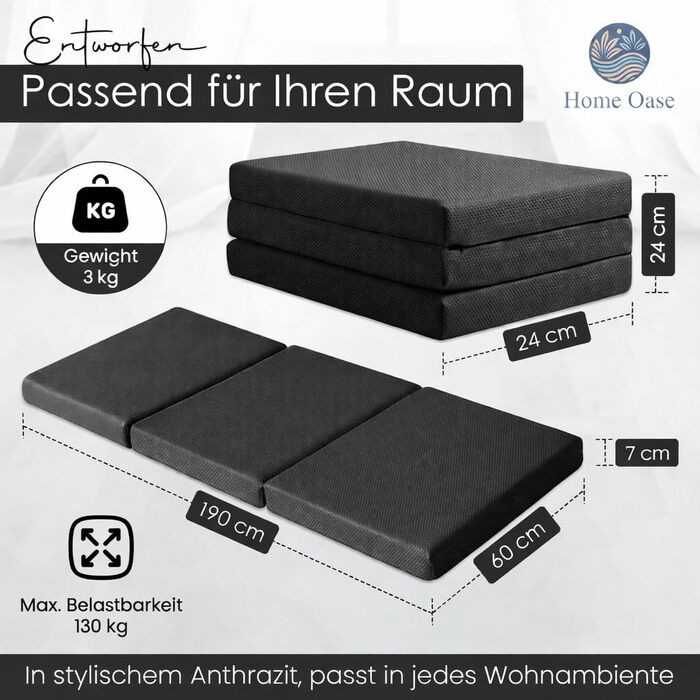 Гостьовий матрац 190x60x7 см Складаний матрац для гостей, кемпінгу, подорожей Компактний, зручний, портативний Зі знімним чохлом, який можна прати