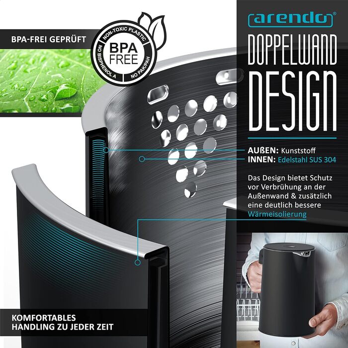 Чайник з тостером SET Нержавіюча сталь чорний, чайник 1,5 л 40 100C Тостер з функцією збереження тепла 4 скибочки LED-дисплей 6 градусів насадки для засмаги