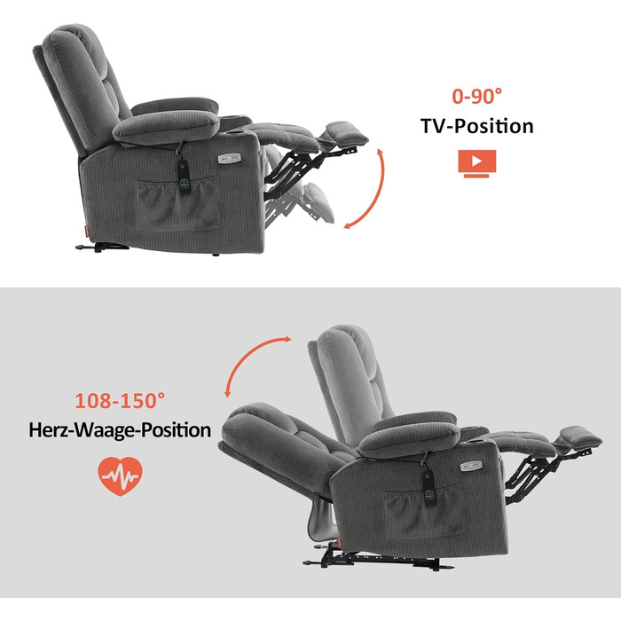 Електрично регульоване крісло для телевізора 7008, Крісло-реклайнер з функцією відкидання, Крісло для телевізора з функцією масажу та підігріву, USB та підсклянник, Вітальня (Тканина, сірий) Тканина сірого кольору