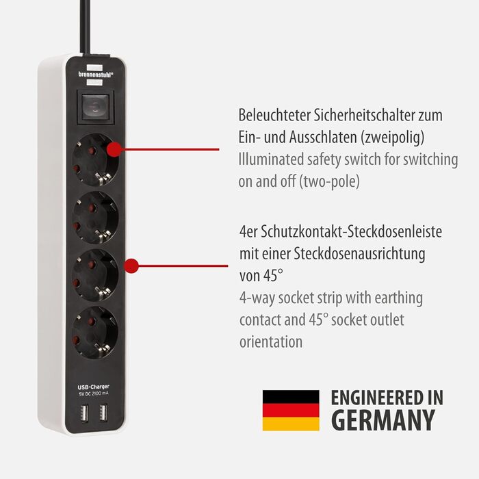 Розеткова планка Brennenstuhl Ecolor 4-х стороння з USB (багатоконтактна вилка з 2 USB-розетками для зарядки, багатоконтактна розе