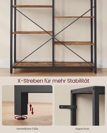 Ярусна книжкова полиця VASAGLE, окремостояча, для вітальні, ванної кімнати, кухні, коридору, легке складання, вінтажний коричнево-чорний колір LLS155B01 Рустикальний коричневий чорний, 5-