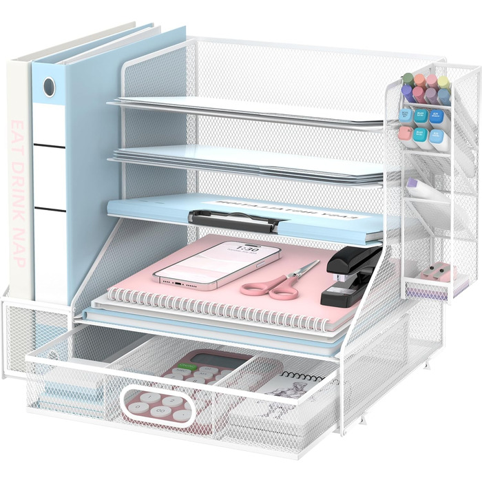 Органайзер для робочого столу з тримачами для файлів, 5-ярусний сітчастий лоток для паперу з тримачем для ручок та шухлядою для канцелярського приладдя, білий