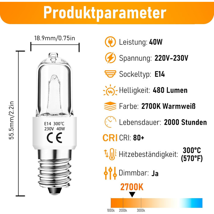 Лампа для духовки Jaenmsa 40 Вт 300 градусів E14 і 2 комплекти ламп для духовки та лампочки з регулюванням яскравості 230 В, термостійкість до 300C, теплий білий 2700 К для духовки Neff Bosch, холодильника, мікрохвильової витяжки
