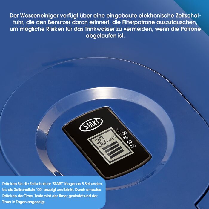 Фільтр для води Watus, синій глечик для фільтрації води, містить 4 картриджі Watus - глечик для фільтрування води (3,8 літра), фільтрація питної води для зменшення вмісту вапняку, хлору, свинцю та міді у водопровідній воді.