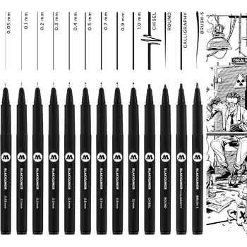 Повний набір з 13 шт. (ширина лінії від 0,05 мм до 1,0 мм і спеціальні наконечники, тонка підводка з перманентним, безпечним для документів чорнилом) 13 шт. чорний Комплектація - 13 шт.