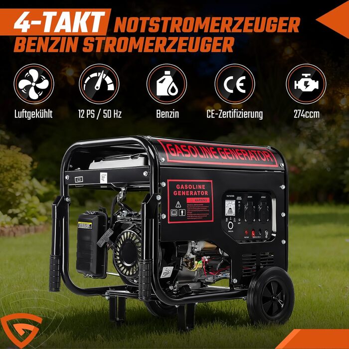 Тактний бензиновий генератор, електричний стартер 5000 Вт, аварійний генератор 12 к.с. з автоматичним регулюванням напруги (ARV), 2 розетки 230 В, 1 розетка 12 В, бак 15 л, 50 Гц, CE, портативний на колесах, для кемпінгу, будівельних майданчиків та дому, 