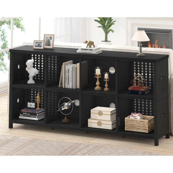 Книжкова полиця LVB з 8 відділеннями, 2-ярусна книжкова шафа, кубічна полиця, полиця-перегородка для кімнати, офісна полиця, горизонтальна, для вітальні, офісу, кабінету, дитячої кімнати, дерев&39яна, чорна, 34Г x 160Ш x 76В