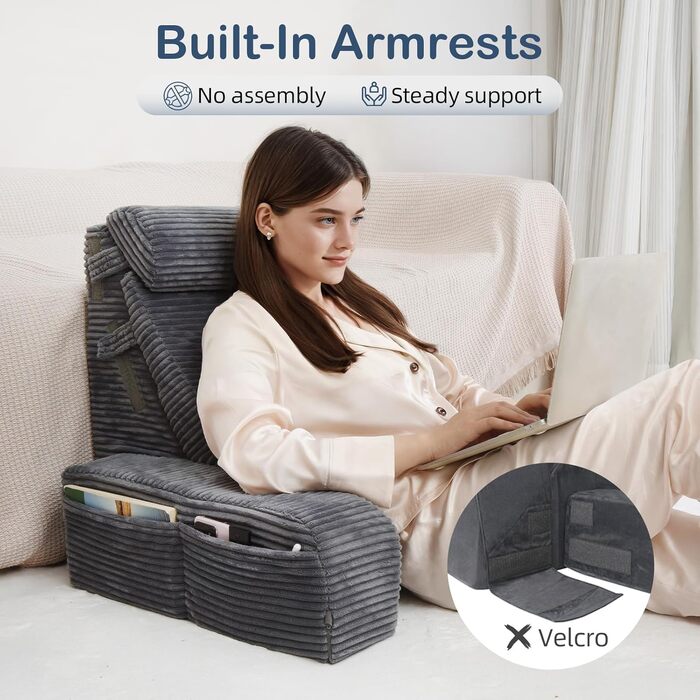 Регульована подушка для читання та спинка Vekkia - зонована піна різної щільності для цілеспрямованої підтримки, бічні кишені XL - крісло-ліжко для читання, гри, відпочинку та відпочинку