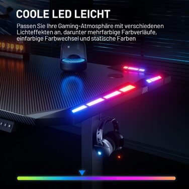 Стіл з регулюванням висоти 140 x 60 см, ігровий стіл зі світлодіодним освітленням, електричний стіл, стіл для роботи сидячи та стоячи з вуглецевим волокном, електричний комп&39ютерний стіл з 3-функційною пам&39яттю, чорний