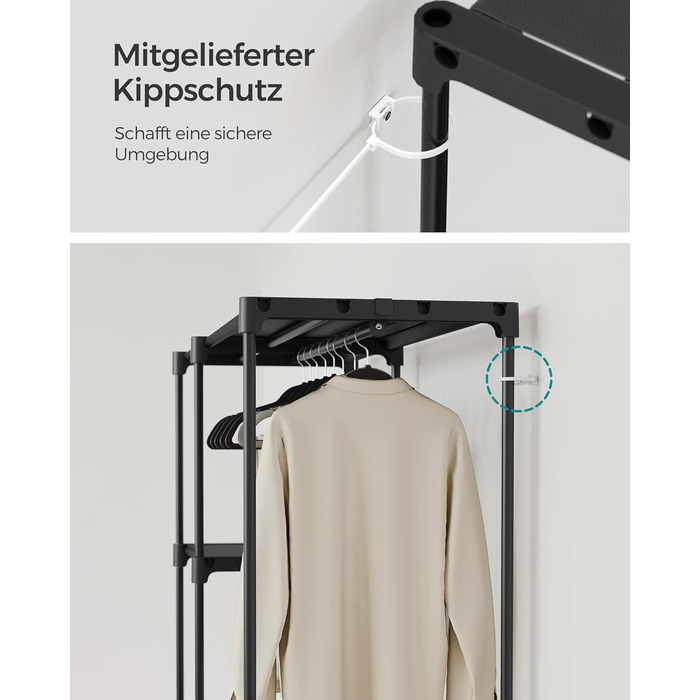 Відкрита шафа, вішалка для одягу, штанга для одягу, шафа, 2 підвісні полиці, багато місця, для спальні, вітальні, 124 x 43 x 182 см, чорний RYG026B02 Чорний 124Д x 182В см