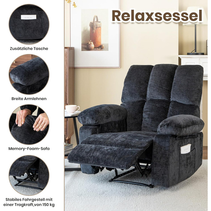 Крісло для телевізора з функцією відкидання, відкидне крісло з імітацією лляної тканини, крісло/відкидне крісло, вантажопідйомність до 150 кг, для вітальні (темно-сіре, маленьке)