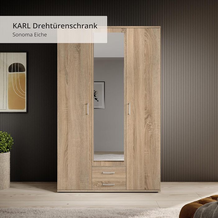 Елегантна 3-дверна шафа з великою кількістю місця для зберігання - Багатофункціональна шафа, дуб сонома, з дзеркальними дверима - 120 x 195 x 55 см, дуб сонома, 3-дверна, одинарна