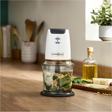 Подрібнювач з чотирма лезами, чаша 0,5 л, привід під тиском, 2 швидкості, нековзне кільце, можна мити в посудомийній машині, криголам, 500 Вт, білий, 61.000WH