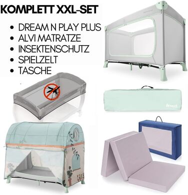 Дитяче дорожнє ліжечко hauck Dream N Play Plus XXL комплект аксесуарів з матрацом, ігровим тентом та сіткою від комах, складне та розкладне, сумка та великий вхід Dusty Mint