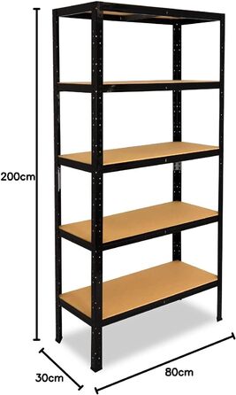 Чорний надміцний стелаж, чорний/металевий стелаж, 5 полиць вантажопідйомністю 175 кг кожна/Стелаж для зберігання, чорний, підвальний стелаж, побутовий стелаж, чорний/металевий стелаж, чорний, металевий, стоячий, В 200см / Ш 80см / Г 30см, 200x80x30