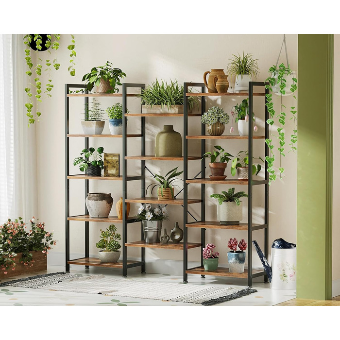 Книжкова полиця Coleshome з 14 полицями, металевий каркас, 5 ярусів, промисловий дизайн, стелаж-перегородка з місцем для зберігання, 24 x 125,6 x 145,4 см, окремостояча полиця для офісу, вітальні, спальні, кухні, коричнева, 5 ярусів