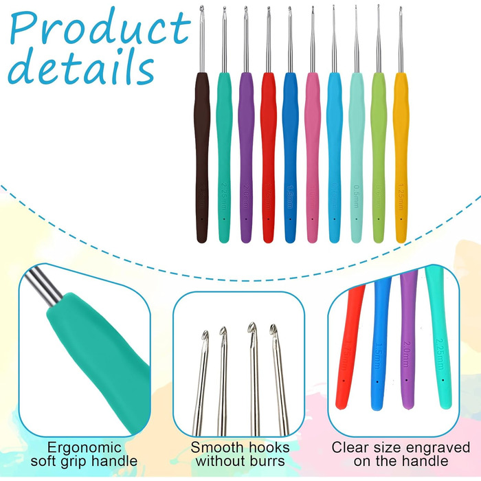 Міні-набір гачків для вязання JJUNW із 10 предметів, маленькі загострені вязальні гачки 0,52,75 мм, вязальні гачки з мяким наконечником, вязальні спиці, набір ультратонких гачків для тонкого вязання мережива.