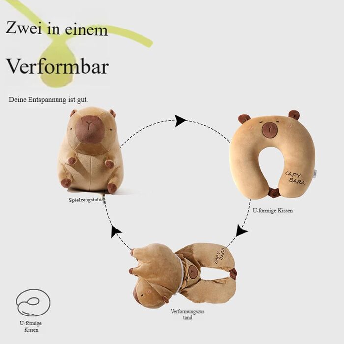 Подушка для шиї у формі капібари, дитяча дорожня подушка з плюшевою іграшкою капібари, 2-в-1 трансформована подушка для шиї у формі капібари U-подібної форми та м&39яка іграшка, для автомобіля, поїзда, офісу, літака (плюшева іграшка 2-в-1 U)