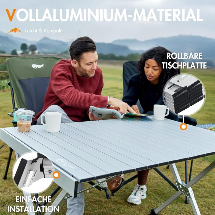 Складаний кемпінговий стіл PORTAL, регульована висота, алюмінієвий, 108 x 71 см, зсувний, легкий, для пікніків, вечірок, садів, походів, подорожей, сріблястий