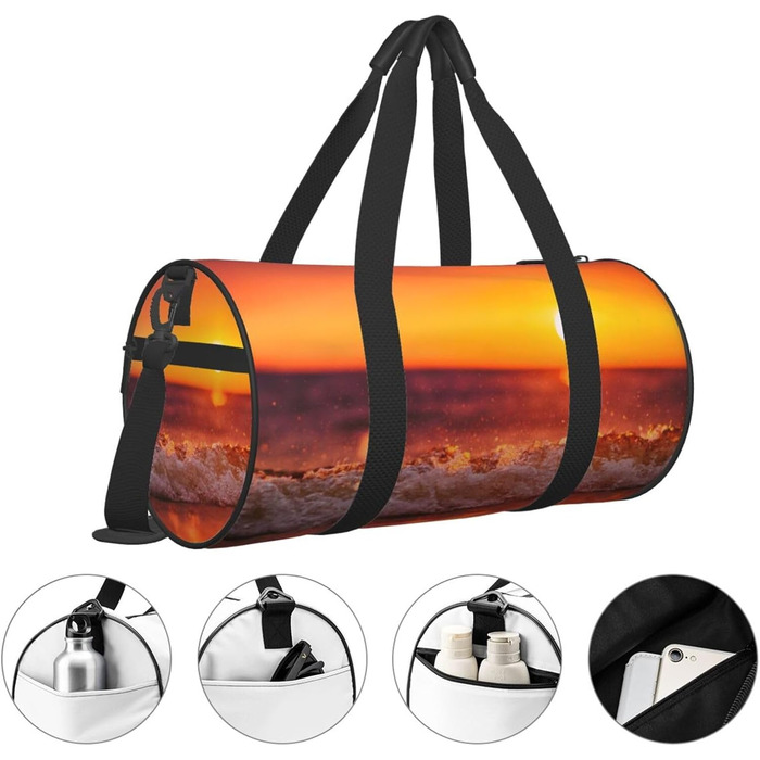 Спортивна сумка, дорожня сумка, сумка на ніч з принтом Морський захід та хвилі, чорна, універсальний розмір, сумка для подорожей