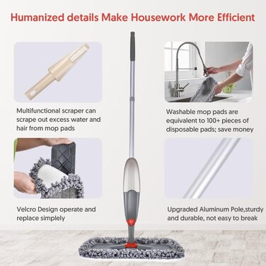 Швабра з функцією розпилення, швабра для підлоги Domi-patrol з функцією розпилення з 3 чохлами з мікрофібри, що миються, швабра-ро