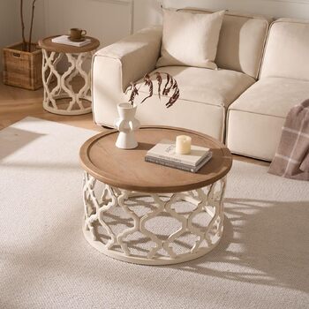 Круглий журнальний столик, дерев&39яний стіл для вітальні з ажурними ніжками, сучасний диванний столик з піднятими краями для вітальні/спальні, круглий журнальний столик Ø76x41см (Ø76x41см)