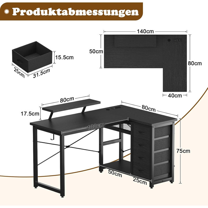 Г-подібний письмовий стіл Devoko з 4 тканинними шухлядами, двосторонній кутовий стіл з 2 розетками та 2 USB-портами, Г-подібний комп&39ютерний стіл для домашнього офісу, чорний, 140x80 см