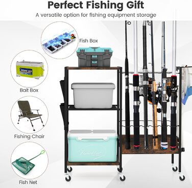 Тримач для вудки GIANTEX, підставка для 12 вудок, тримач для вудки з котушками, рибальські аксесуари, 3-рівнева рибальська підставка з гачками та сумкою, візок для рибальських снастей, органайзер для вудок, 84 x 30 x 82 см