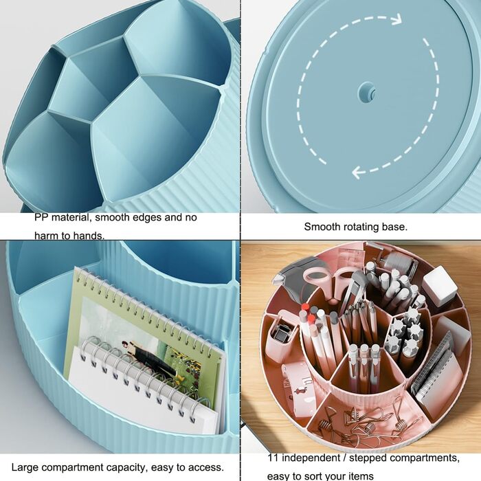 Поворотний тримач для ручок, обертовий на 360 настільний органайзер Поворотний тримач для ручок з 11 відділеннями Тримач для ручок великої місткості Канцелярське приладдя Шкільне приладдя Косметика (рожевий)