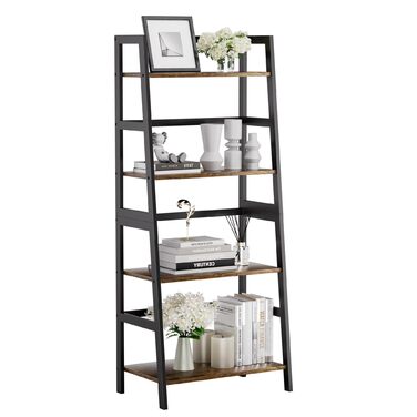 Полиця-драбина HITNET, 4-рівнева книжкова полиця, окремостояча полиця, компактна відкрита полиця для ванної кімнати, підставка для рослин, рустикальний коричневий та чорний колір