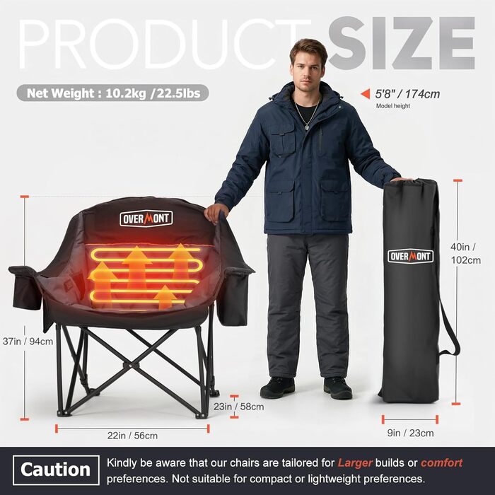 Крісло для кемпінгу OVERMONT з підігрівом XL для дорослих складне крісло, ідеальне для зимових поїздок на природу, кемпінгу, риболовлі, чорного/сірого кольору