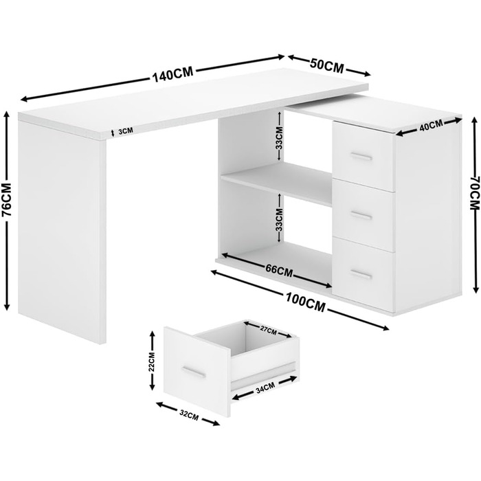 Білий L-подібний двосторонній кутовий письмовий стіл з місцем для зберігання для домашнього офісу Комп&39ютерний стіл з 3 шухлядами та 2 полицями для офісу Білий 140 см