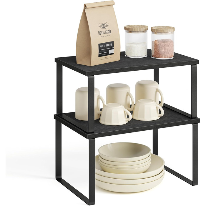 Стійка для спецій, Набір з 4 шт. , Кухонна полиця, Кухонний органайзер, Розширювана, Тримач для спецій, що штабелюється, з металевою рамкою, 19,5 x 29,7 x 15,8 см, Чорнило-чорний колір KCS027B01 Чорнило-чорний Чорне дерево 29,7B см