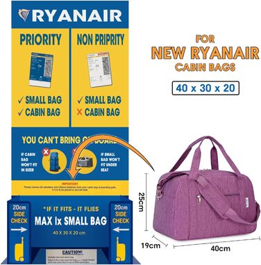 Ручна поклажа Narwey Ryanair 40x30x20, маленька спортивна сумка, складна дорожня сумка, сумка для ручної поклажі Airplane для жінок, дорожня сумка Weekender для чоловіків 20 л (темно-фіолетовий)