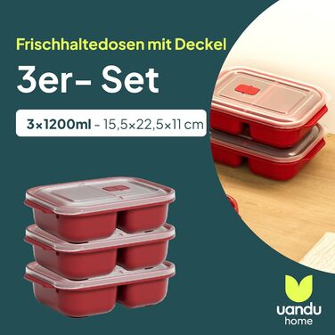 Контейнери для зберігання продуктів uandu з кришками, 2 відділення, набір з 3 предметів для мікрохвильової печі, герметичні контейнери для зберігання продуктів, коробки для приготування їжі, пластикові коробки без BPA з кришками, червоні, 3 x 1200 мл