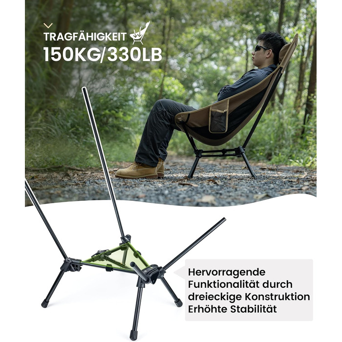 Крісло для кемпінгу OneTigris TIGERBLADE, висока спинка, складне, вантажопідйомність 150 кг, легка трикутна рама, складне рибальське крісло з 2 боковими кишенями, надлегке складне крісло для використання на свіжому повітрі, для походів, колір койот-коричн