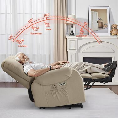 Електричне крісло-реклайнер для телевізора з підйомником, масажем та підігрівом, крісло-реклайнер з функцією нахилу на 145, подушка сидіння з піни 35D, приховані підставки для чашок 7252 (мікрофібра, бежево-коричневий) Бежево-коричнева мікрофібра
