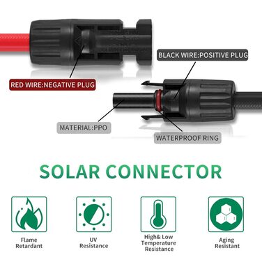 Подовжувач сонячної панелі GENORTH, професійний сонячний кабель 2x3 м, сонячний подовжувач із сонячною вилкою, червоний/чорний 6 мм 3M сонячний кабель