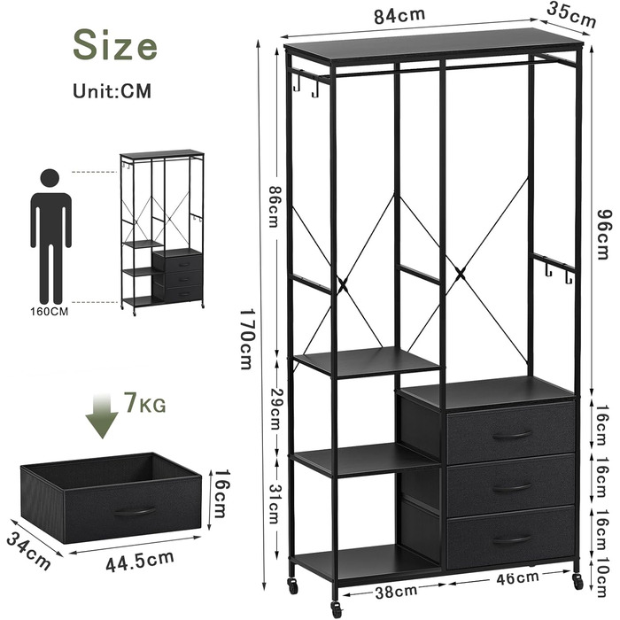 Штанга для одягу, міцна, для шафи - окремостояча портативна шафа-гардероба з колесами, дерев&39яною стільницею, сталевим каркасом, тканинними висувними ящиками та регульованими полицями, чорна