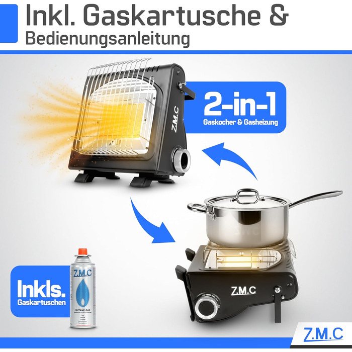 Портативний газовий обігрівач та плита ZMC 2-в-1 8 газових картриджів 227 г, кемпінговий обігрівач 1,7 кВт, ідеальне джерело тепла без електрики, газовий обігрівач для використання на вулиці, патіо, мобільний обігрівач з п&39єзорозпалом, газовий обігрівач