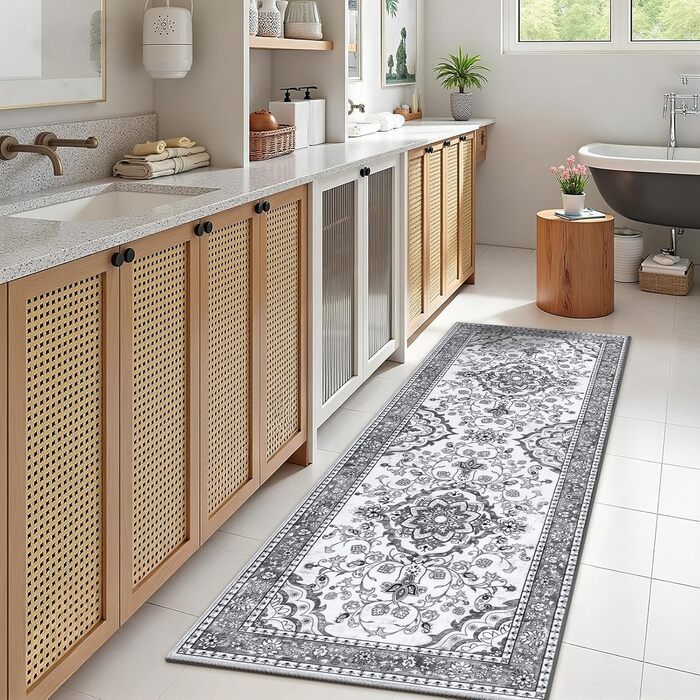 Кухонний килимок 60 x 180 см, високоякісний нековзний килимок для передпокою, традиційний довгий килимок, який можна прати, ретро, м&39який килимок для вітальні, офісу, коридору, сірий, 60 x 180 см