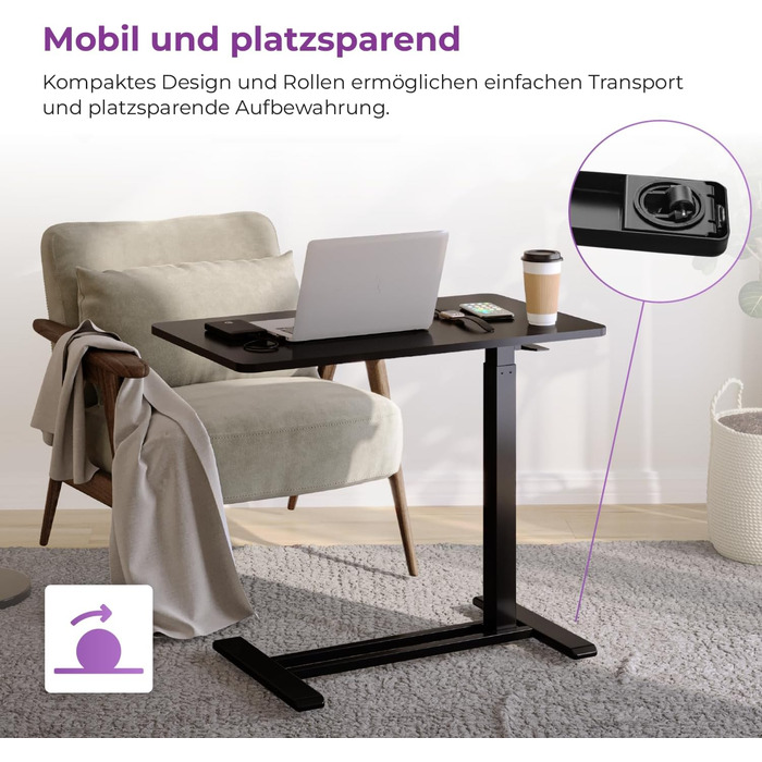 Бічний столик Spacetronik з регульованою висотою, мобільний журнальний столик з прихованими колесами, столик для ноутбука з ручним регулюванням висоти 66106 см, тумбочка для дивана, ліжко (білий/дерево, 80x45 см) білий/дерево 80x45 см