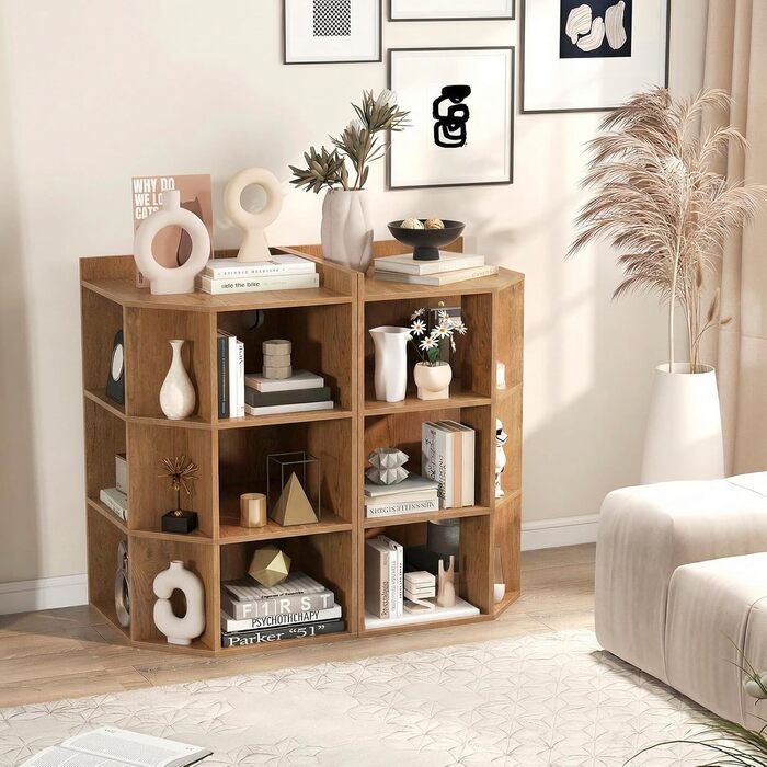 Кутова книжкова полиця COSTWAY із 3-рівневою зарядною станцією, кутова полиця з 9 відділеннями, 2 USB-портами та 4 розетками, полиця для зберігання речей для спальні, вітальні (натуральний колір)