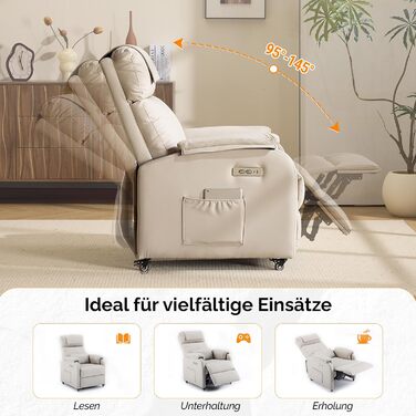 Крісло Bonnlo Recliner, крісло для телевізора, електричне масажне крісло з функцією відкидання, крісло для телевізора, 2-точковий масаж та функція підігріву, порти USB-C та USB-A, 1 бічна кишеня, шкіра, стійка до подряпин, бежевий колір