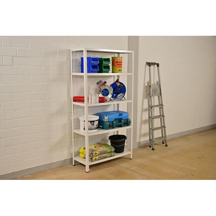 Система полиць SCHULTE з 5 полицями PowerMAX, вантажопідйомність 65 кг, 190x100x40 см (ВxШxГ), білий, полиця для зберігання, полиця для майстерні, полиця для підвалу, полиця для гаража, металева полиця