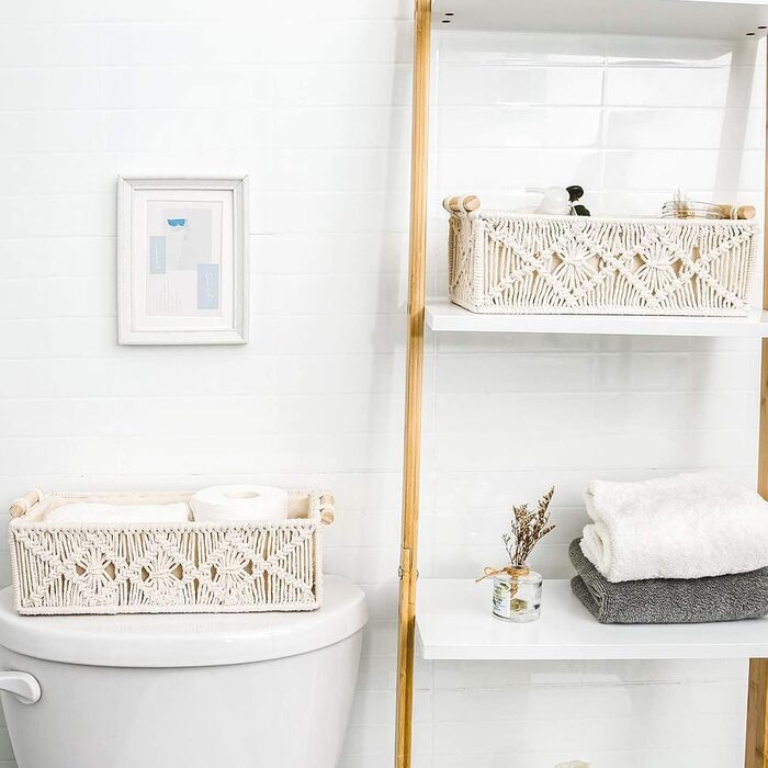 Набір із 2 плетених кошиків для зберігання макраме, декоративні коробки, бохо-декор, ручна робота з макраме з бавовняної мотузки з ручками для декору, подарунковий кошик, кошик для хліба, кошик для зберігання закусок (білий)